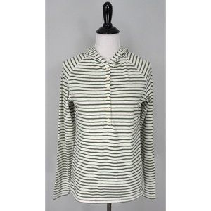 J. CREW Womens Green White Striped Button Hooded Hoodie Sweatshirt Top Sz Large